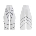 Men's polyester trousers with metal rivet accents and pleated detailing on three-dimensional cutting construction