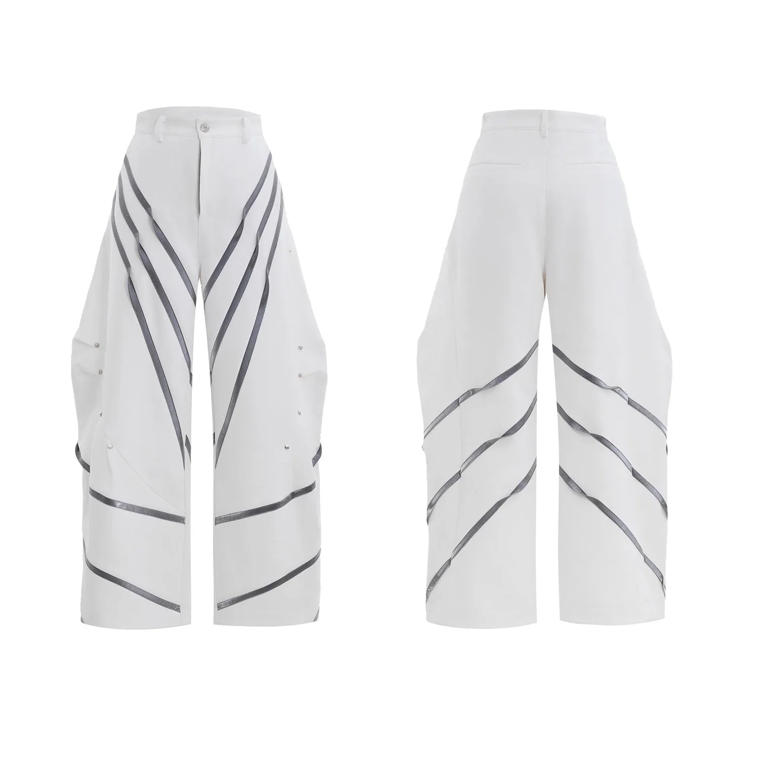 Men's polyester trousers with metal rivet accents and pleated detailing on three-dimensional cutting construction