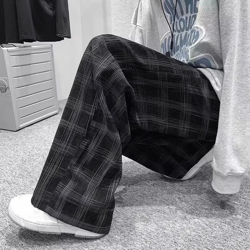Japanese retro plaid straight-leg trousers in black or green colours