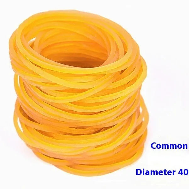 Yellow rubber bands in various sizes from a 500g mixed diameter pack