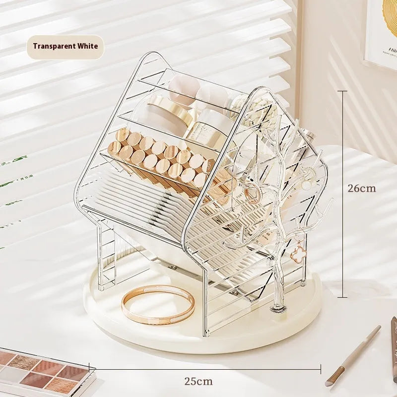 Rotating cosmetics storage box in amber gold colour showing 360-degree rotation mechanism