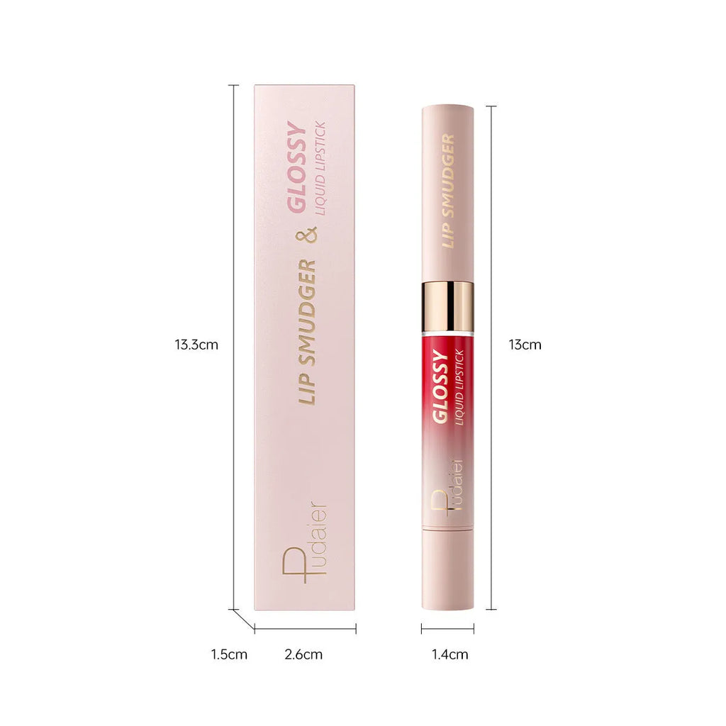 Double-headed lipstick and lip gloss set showing ten colour options with matte finish