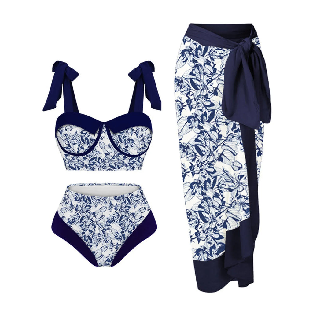 Women's three-piece swimsuit set with printing pattern showing skirt, bra and panties components