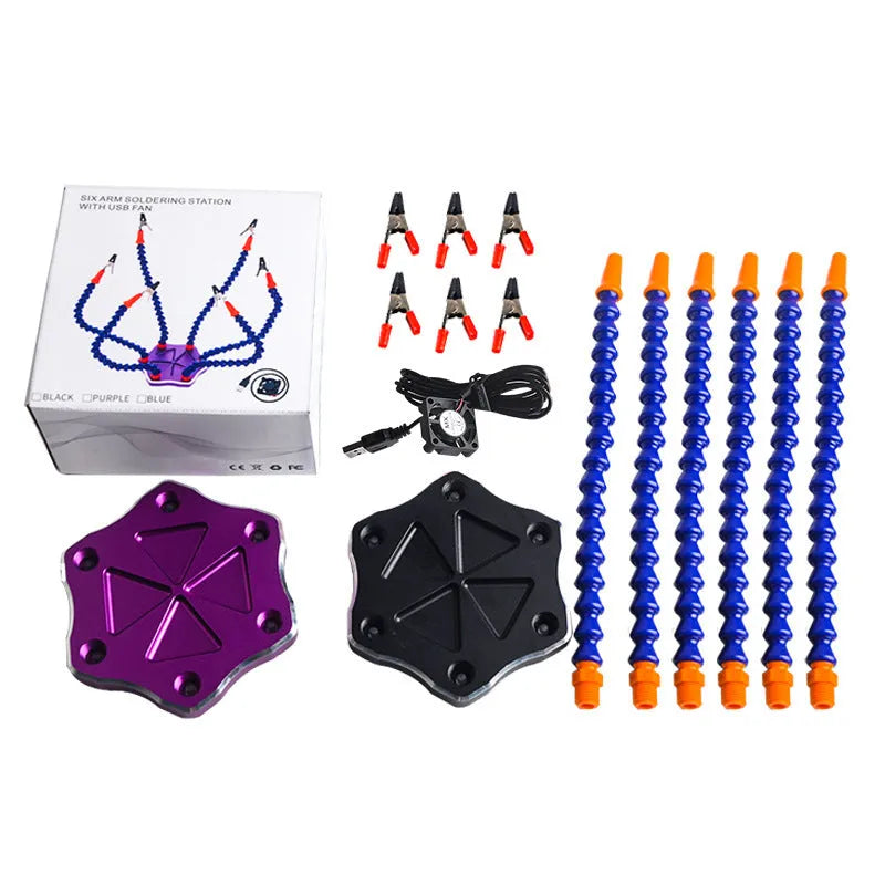 Black and purple aluminium alloy six-jaw welding station with multiple arms for model repair.