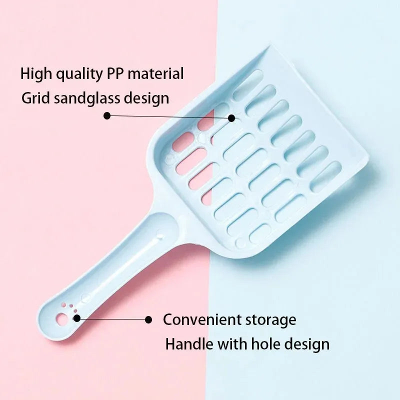 Plastic cat litter scoop in blue, green or pink measuring 20cm long by 9cm wide