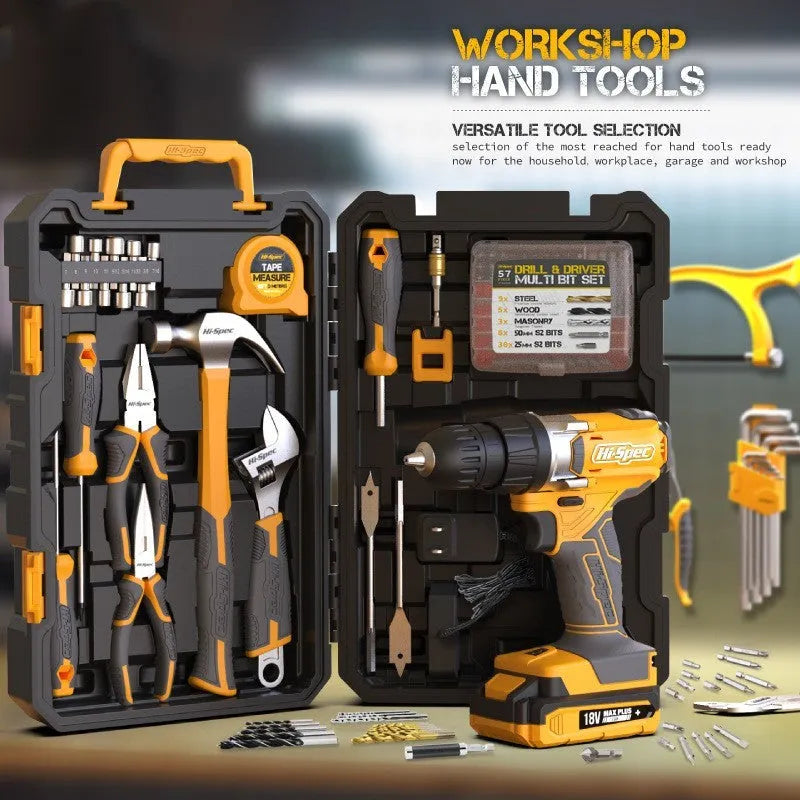 Grey yellow US style 82-piece chrome-vanadium steel tool kit for furniture installation.