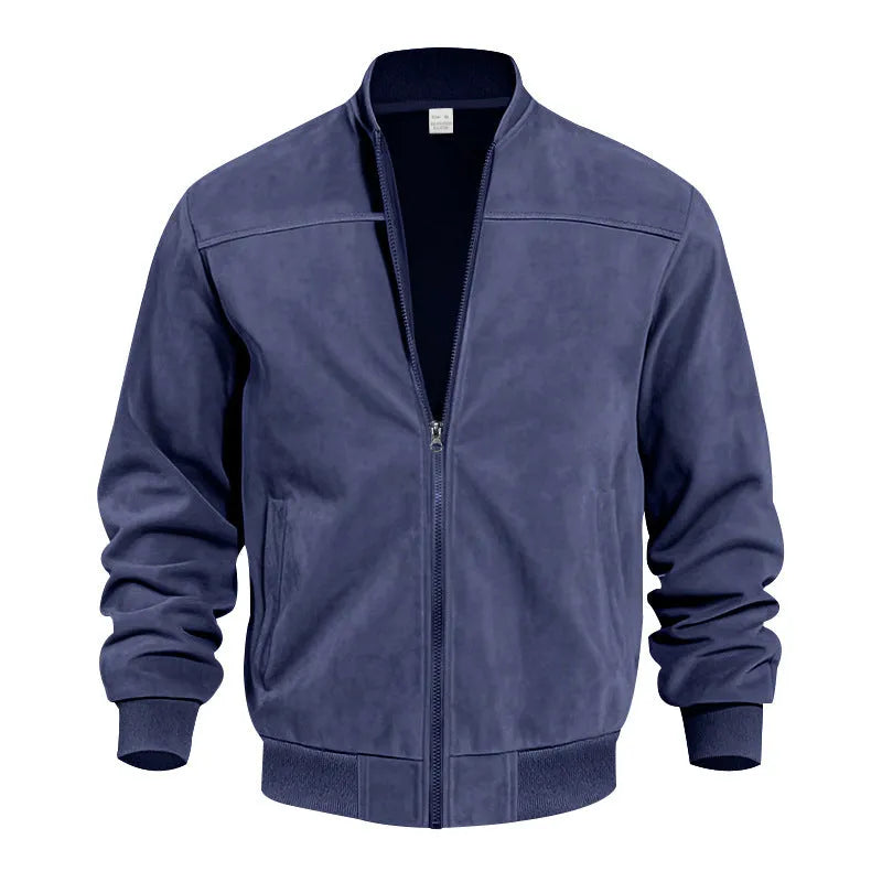 Men's plus size casual suede-look zipper jacket in multiple colour options on a hanger.