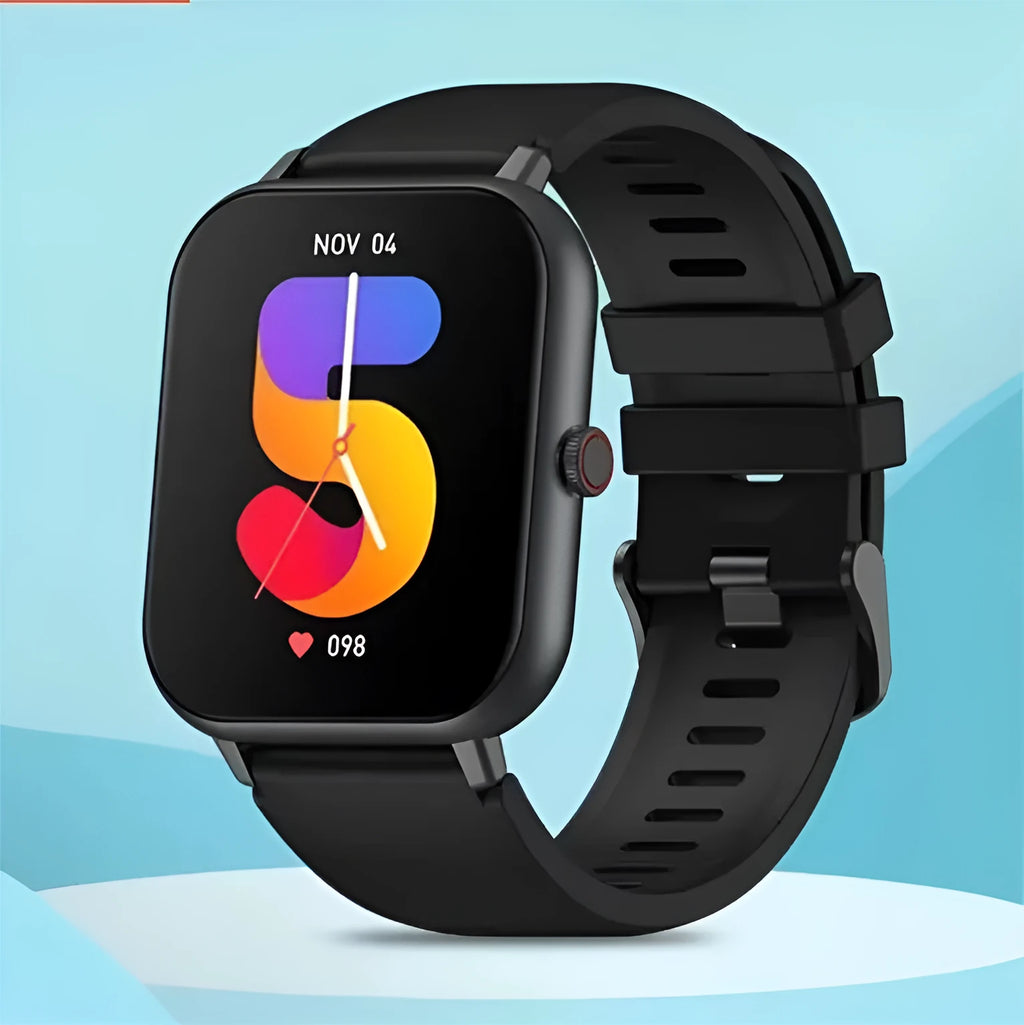 Bluetooth smart watch with AI voice control and heart rate monitor in black, silver grey, pink, or khaki colour.