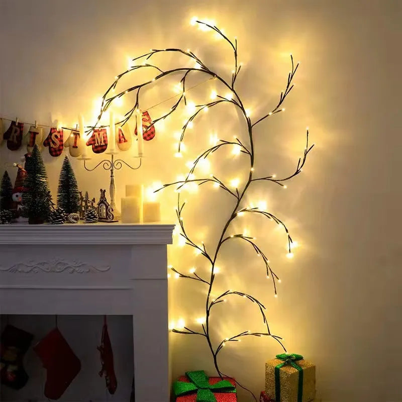 Flexible DIY willow vine LED light garland with warm white lights bent into a decorative shape.