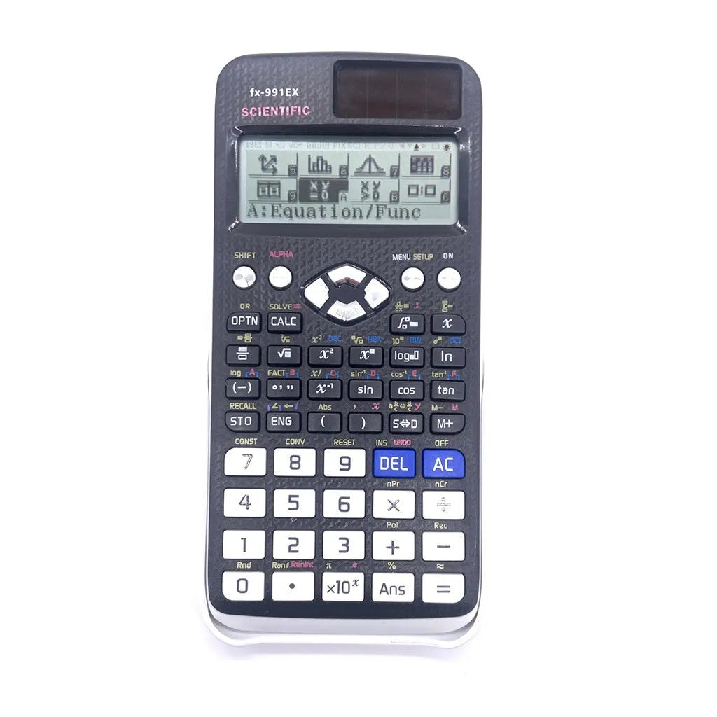 991EX multi-functional scientific calculator in black, blue, or pink with solar panel.