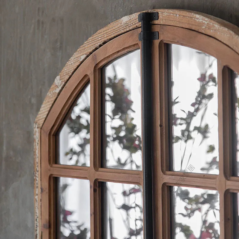 Distressed log colour wooden fake window style wall mirror with rustic frame.