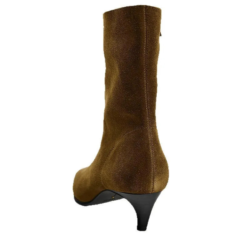 Brown square toe ankle boots with a side zipper and a mid-height kitten heel on a waterproof platform.