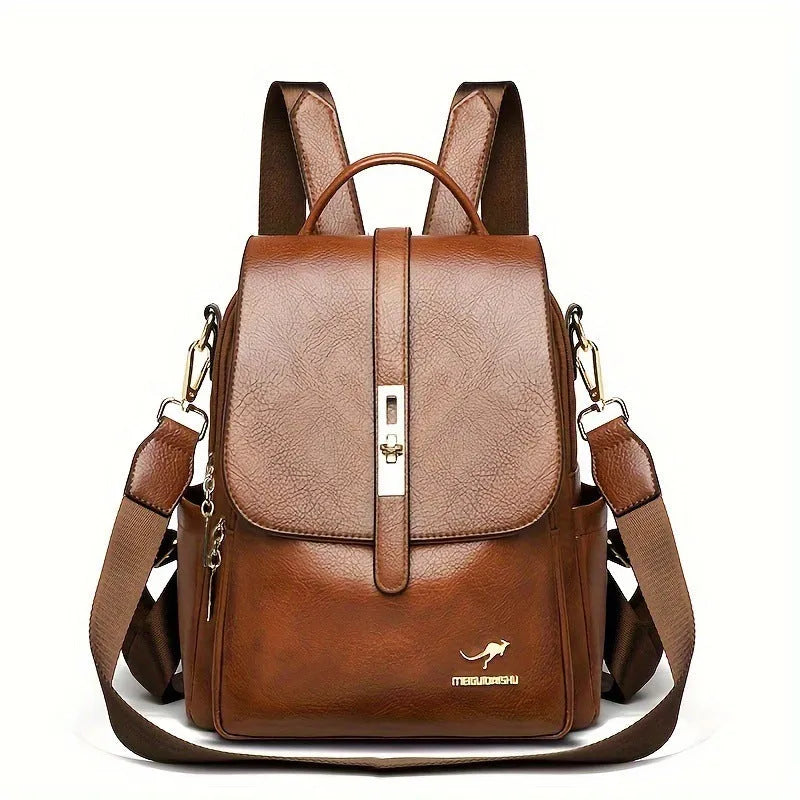Simple ladies backpack in black with PU material and multiple pockets for commuting