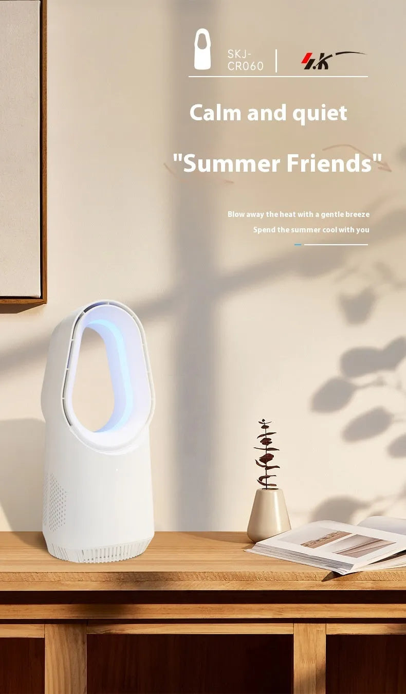 SK bladeless tower fan in white colour with remote control on wooden floor