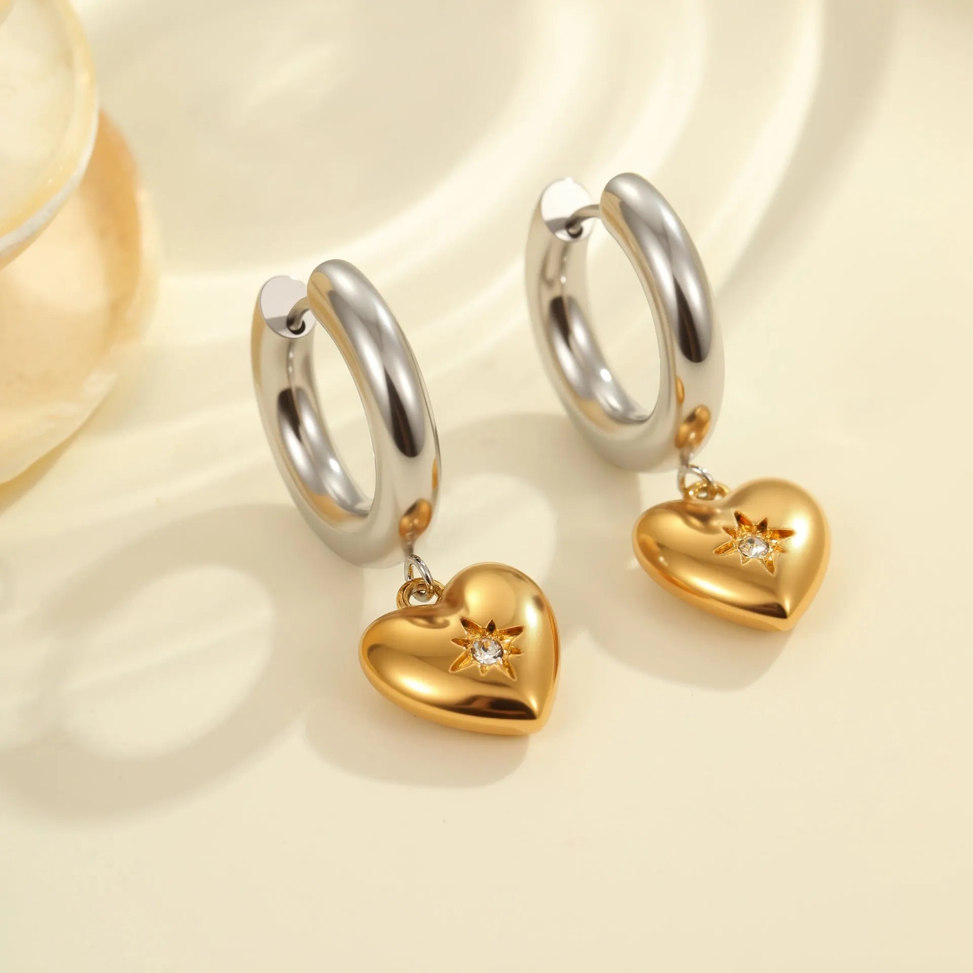 Stainless steel Christmas tree heart earrings with electroplated 18K gold finish and star geometric designs
