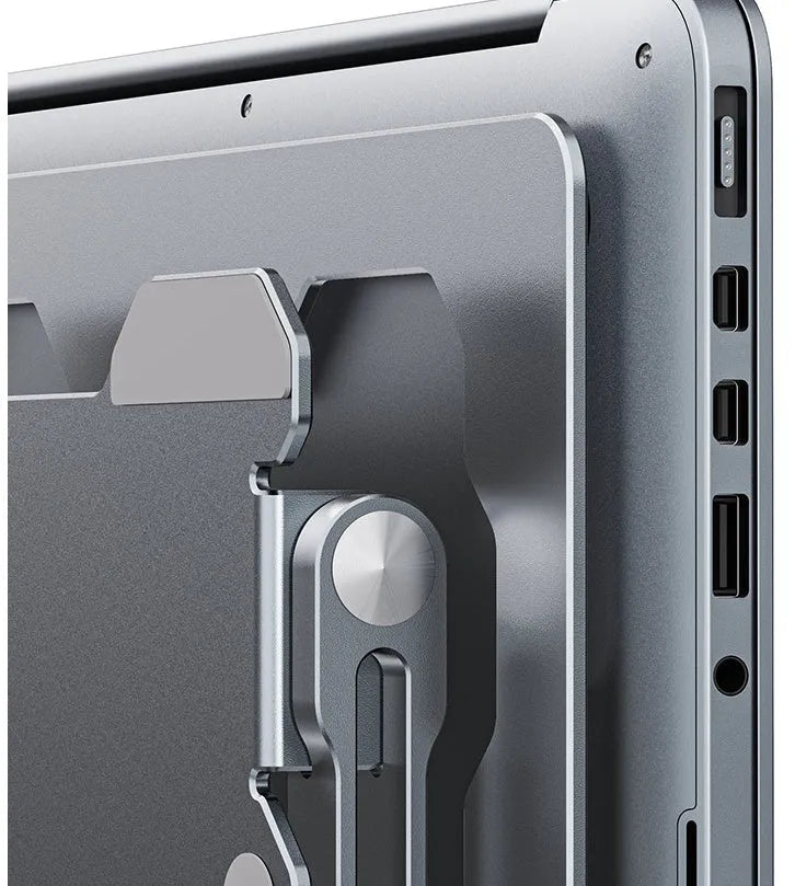 Adjustable aluminium laptop stand in grey or white, showing folding mechanism and silicone protection pads