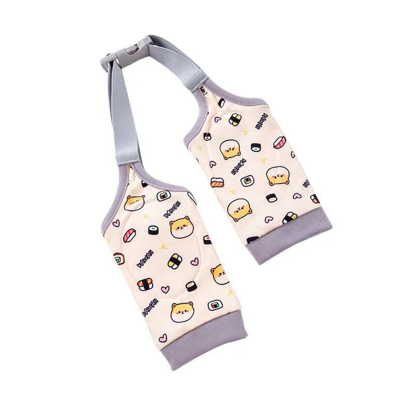 Blue dog knee protector pad with extra-thick elbow padding and adjustable buckle, shown with matching scarf accessory