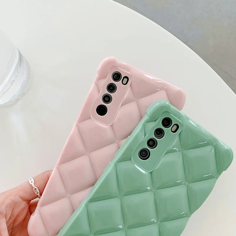 Silicone phone back cover case for Huawei models in solid black, green, pink, or white.