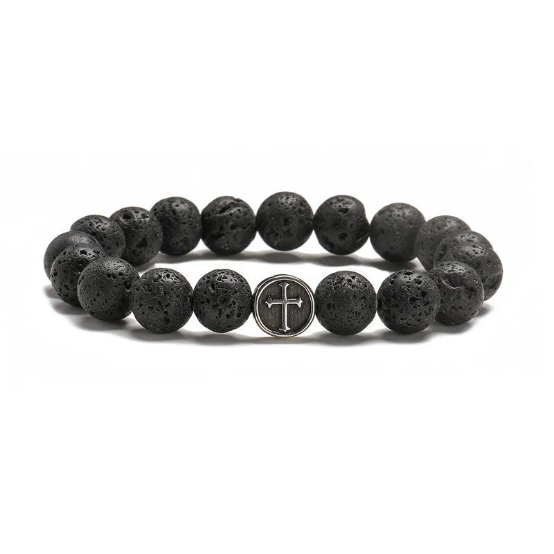 Stainless steel bracelet with a single geometric-cut volcano agate bead and a magnetic clasp.