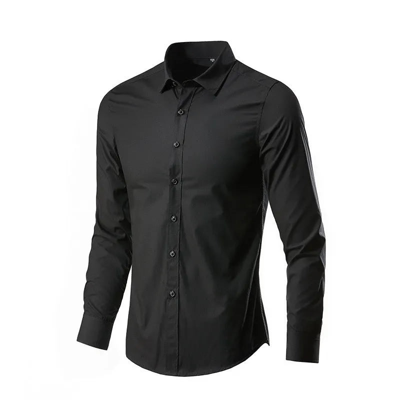 Man wearing a slim-fit long-sleeve linen shirt in a loose style, available in multiple colours.