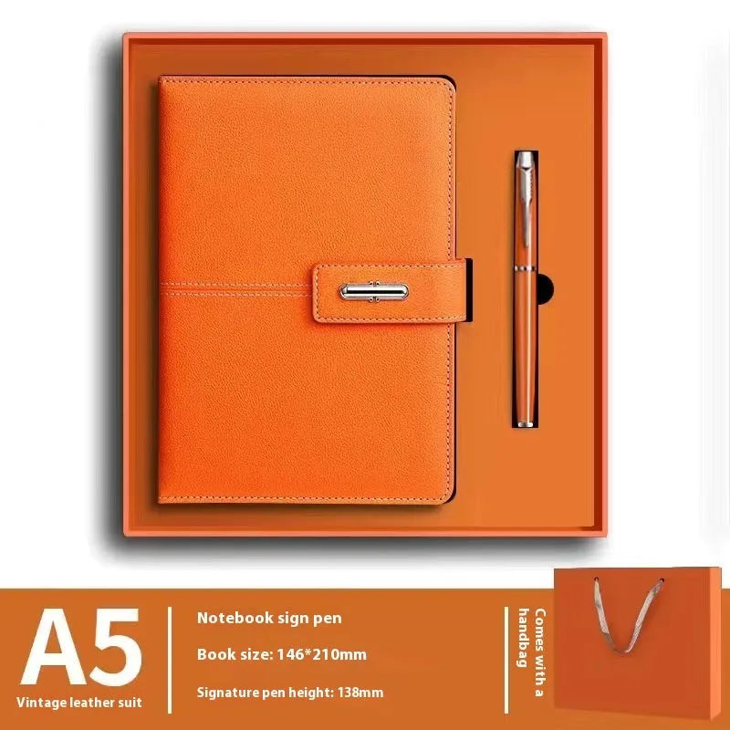 A5 notebook with PU leather cover in one of six colour options, showing wood-free paper inside.