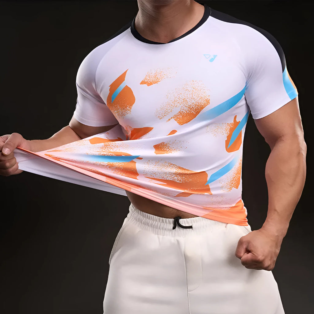 Men's blue quick-drying polyester fibre short sleeve running T-shirt on white background