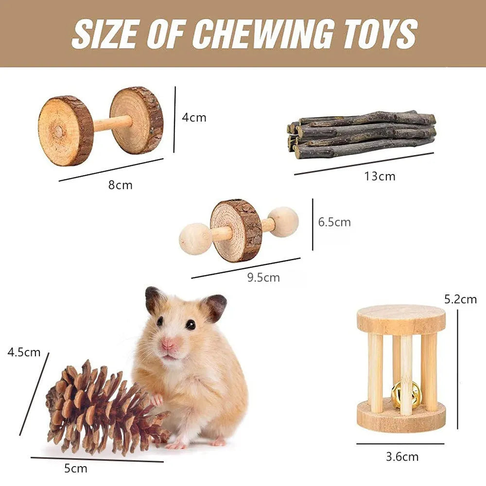 Wooden small animal toy set with chew toys and woven enrichment items for rabbits, guinea pigs or parrots