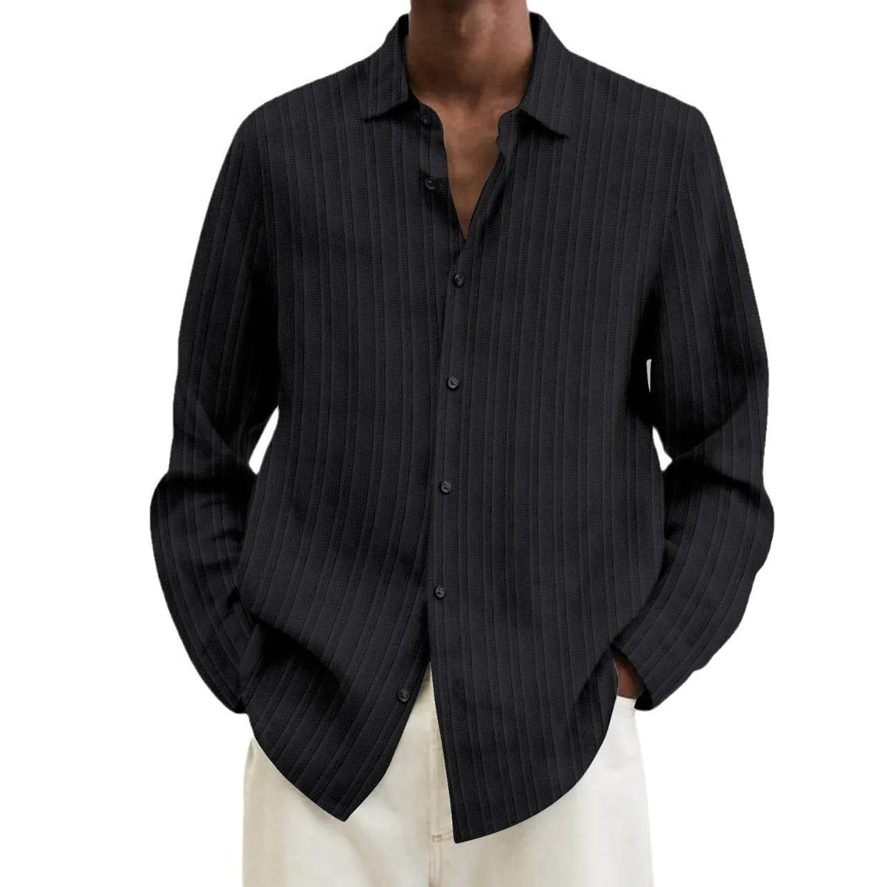 Man wearing a striped British style loose fit long sleeve cardigan shirt.