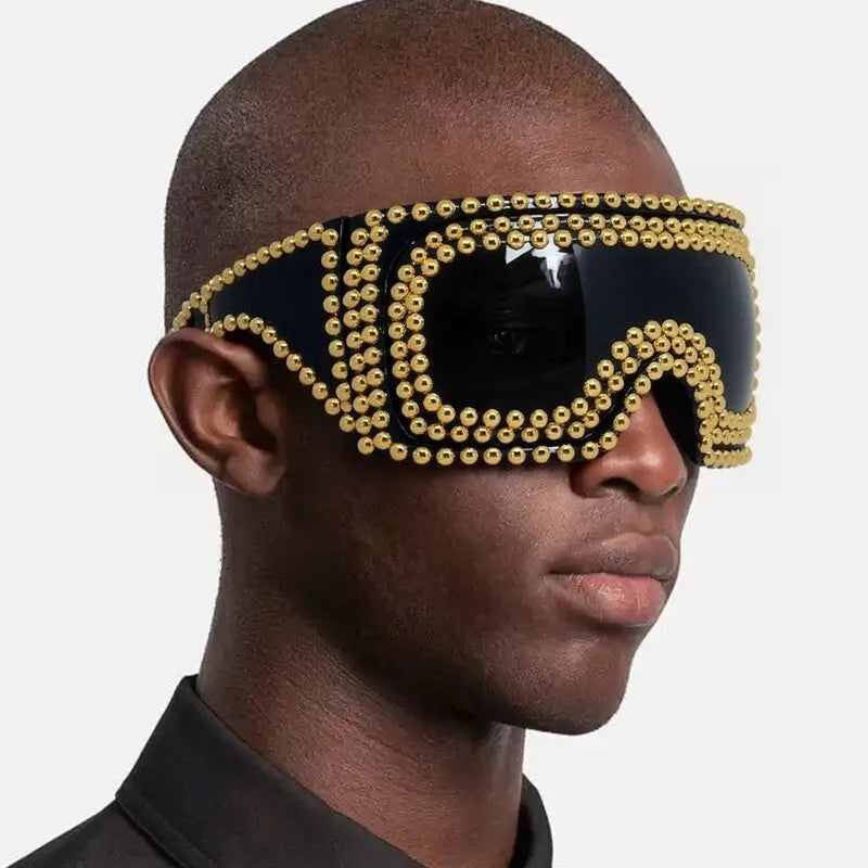 Men's punk style square sunglasses with large frames and silver rivet details