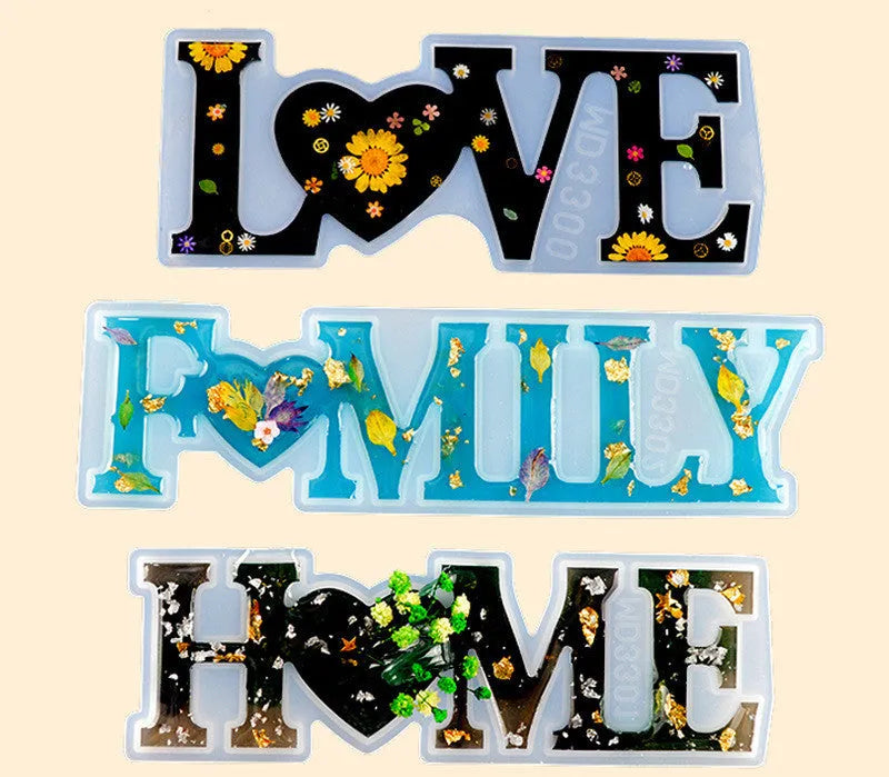Six silicone epoxy moulds with English letter designs including love, home, family, Live, hello, and Blessed