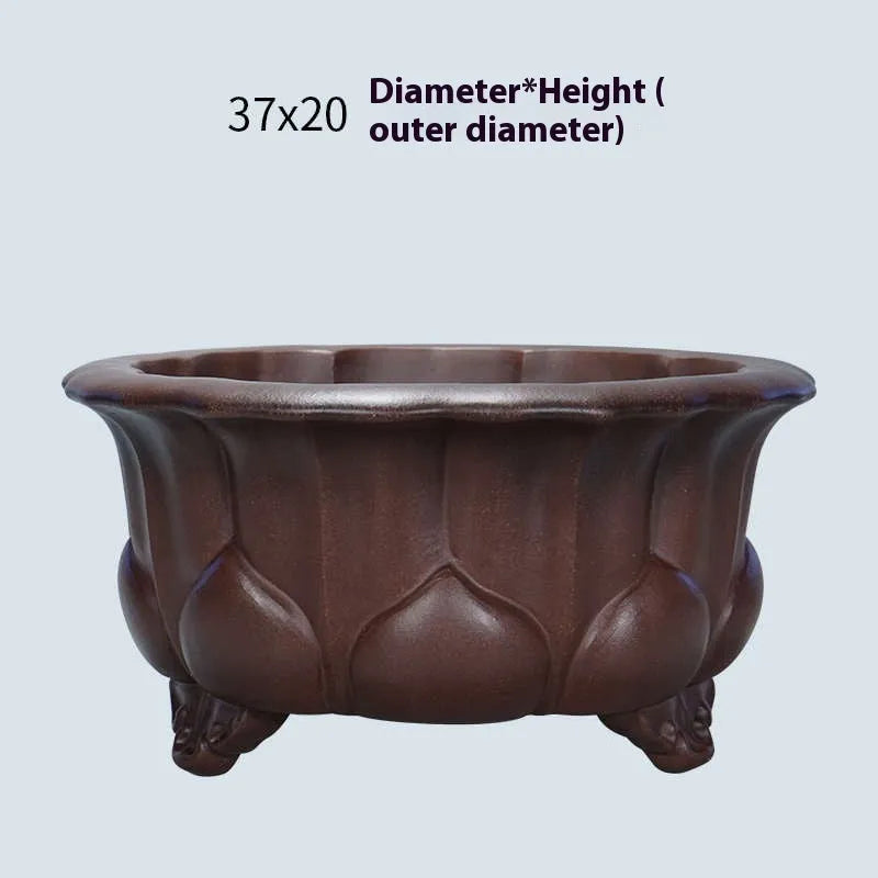 Purple sand succulent bonsai pot with antique Chinese design measuring 37x37x20cm
