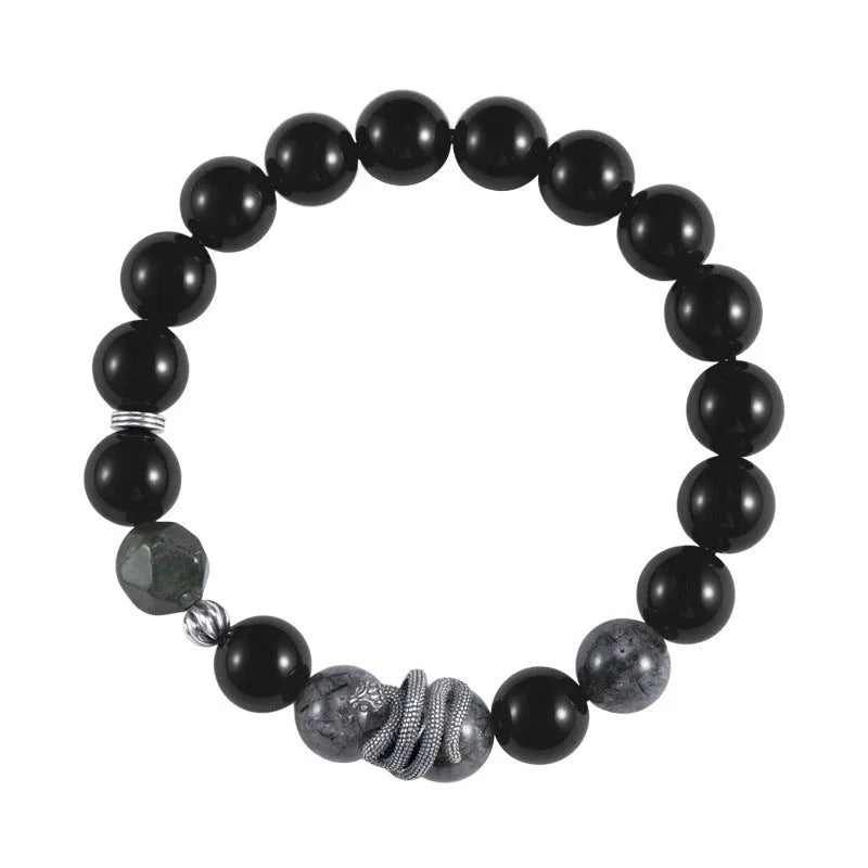 Men's S925 sterling silver bracelet with obsidian black hair crystal snake year design measuring 10mm width
