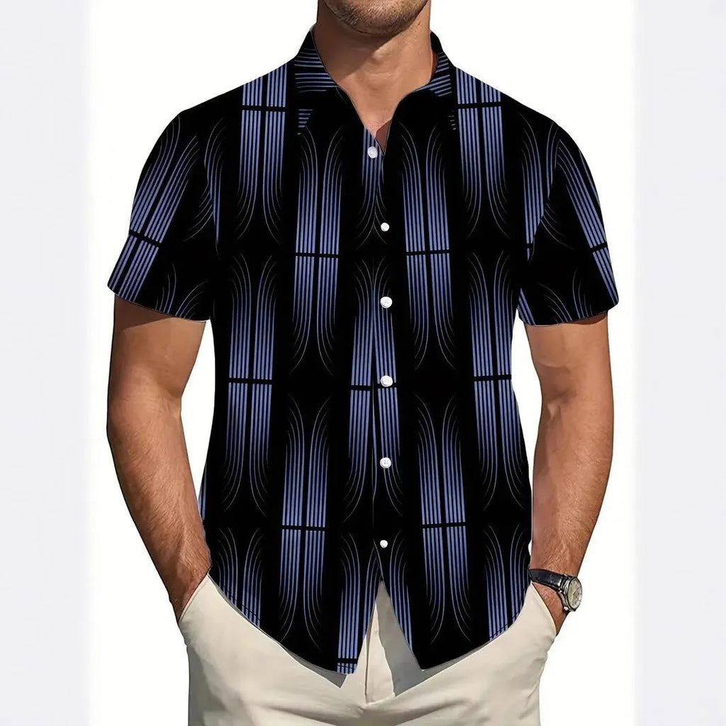 Men's geometric line print lapel collar short sleeve shirt in slim fit for summer casual wear