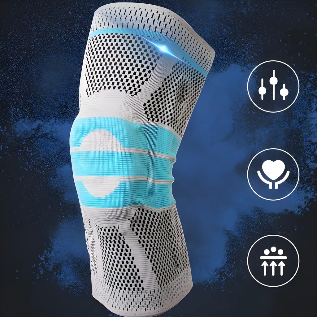 Sky blue elastic fibre knee pads for running and basketball sports.