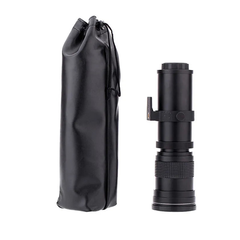 420-800mm manual telephoto zoom adapter lens with collapsed and extended positions showing T-mount connection