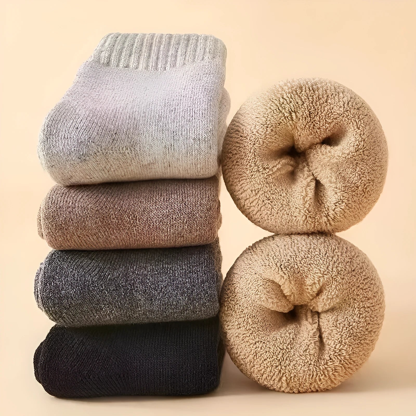 Cold resistant merino wool winter socks with thick midsole in black, khaki, light grey or dark grey