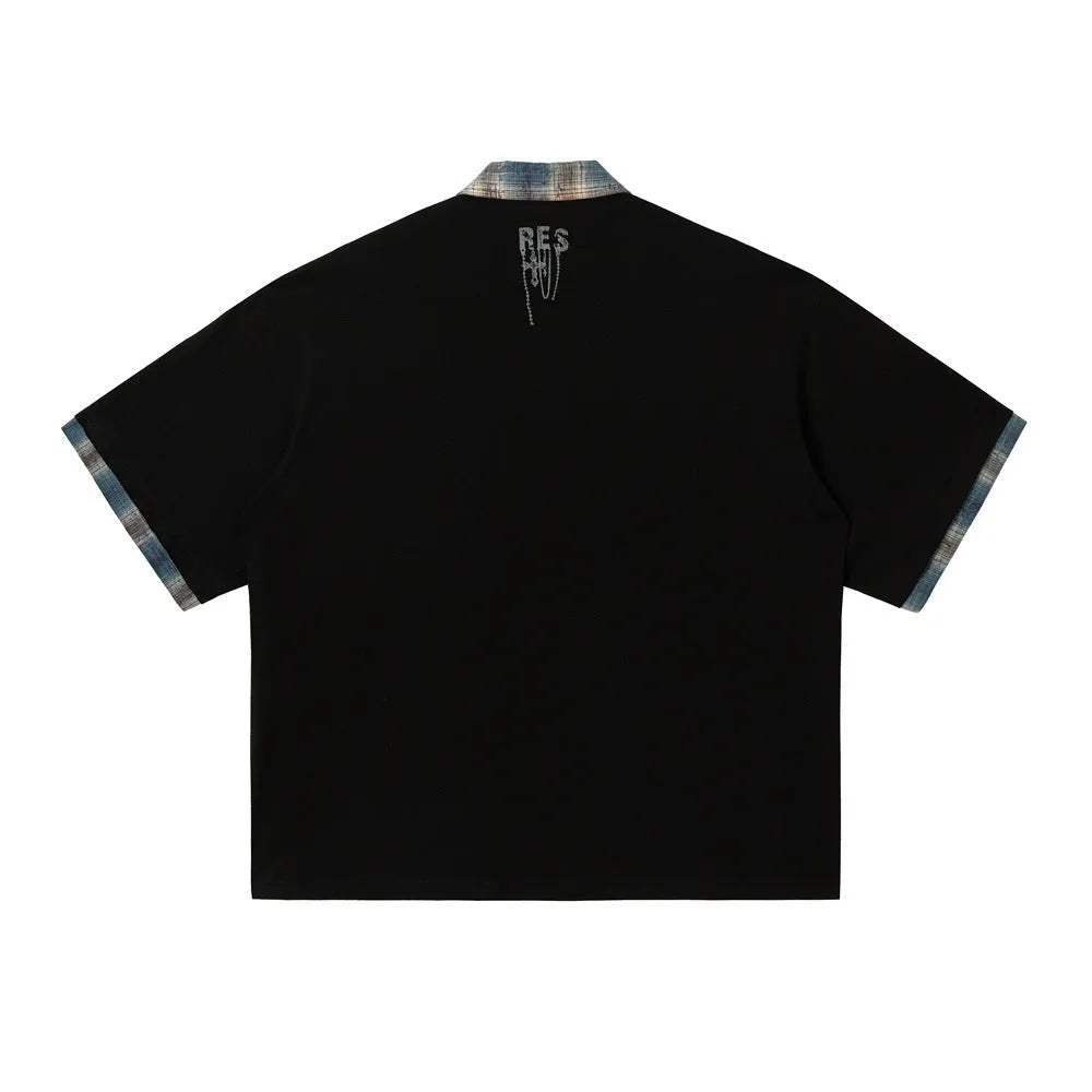 Men's loose fit cotton top with graffiti print on lapel and asymmetric design in blue or red.