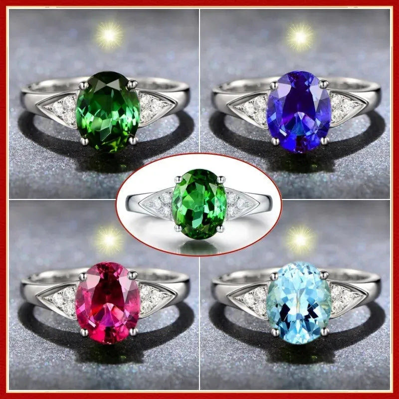 Women's zircon ring with inlaid red and blue stone on a court-style band.