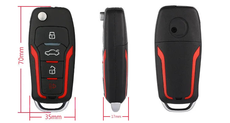 Red and frosted black one-way remote control car alarm system with two remotes for 3000m range and GPS tracking.