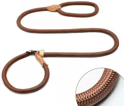 Brown nylon dog leash with chain section and rope handle, 2.1 metres long
