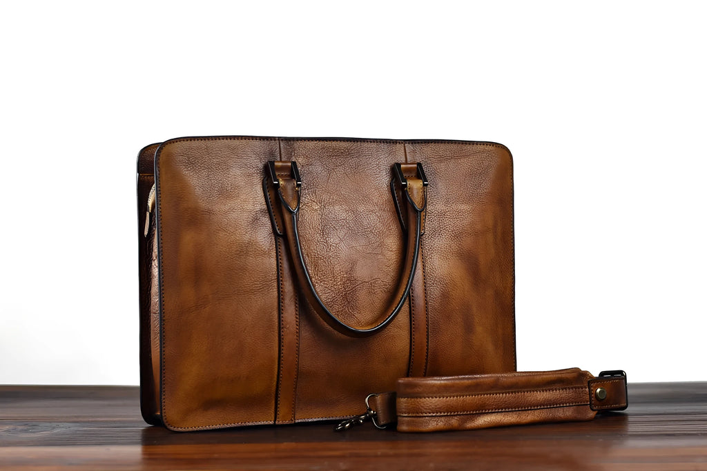 Men's khaki vegetable tanned leather horizontal square handbag with zipper