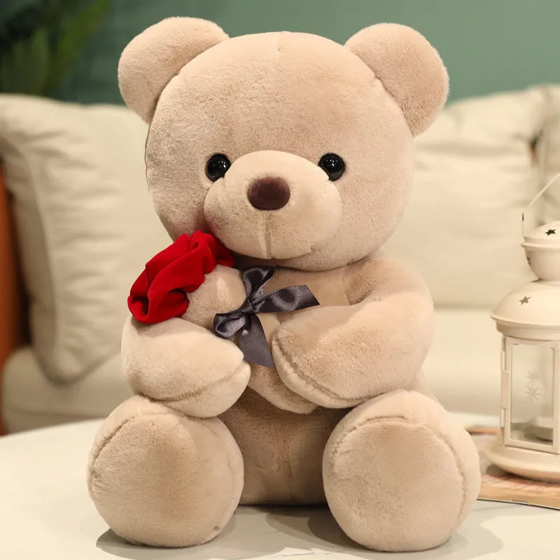 Lovely hug roses teddy bear plush pillow stuffed animal doll in brown, beige or grey colours
