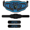Smart massage belt fitness equipment showing orange and blue options with rechargeable host unit, belt, and arm stickers