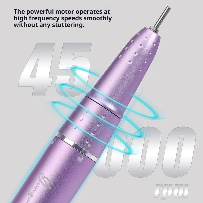 Rechargeable electric nail polishing machine in purple with USB charging cord