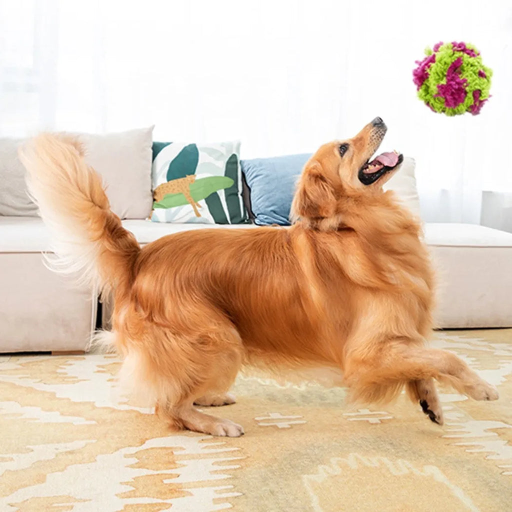 Purple plush sea ball dog chew toy with 15cm diameter for teeth cleaning