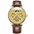 Men's gold leather strap mechanical watch with automatic movement and waterproof construction