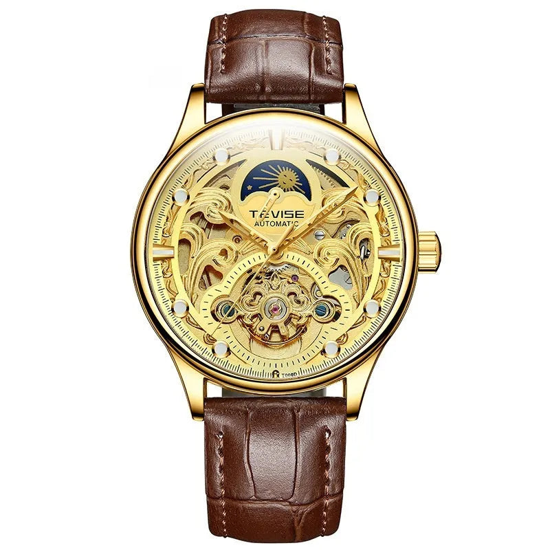 Men's gold leather strap mechanical watch with automatic movement and waterproof construction
