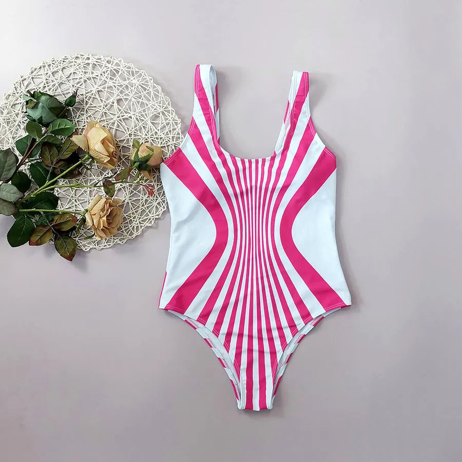 Women's pink striped one-piece swimsuit with digital printing front and back.