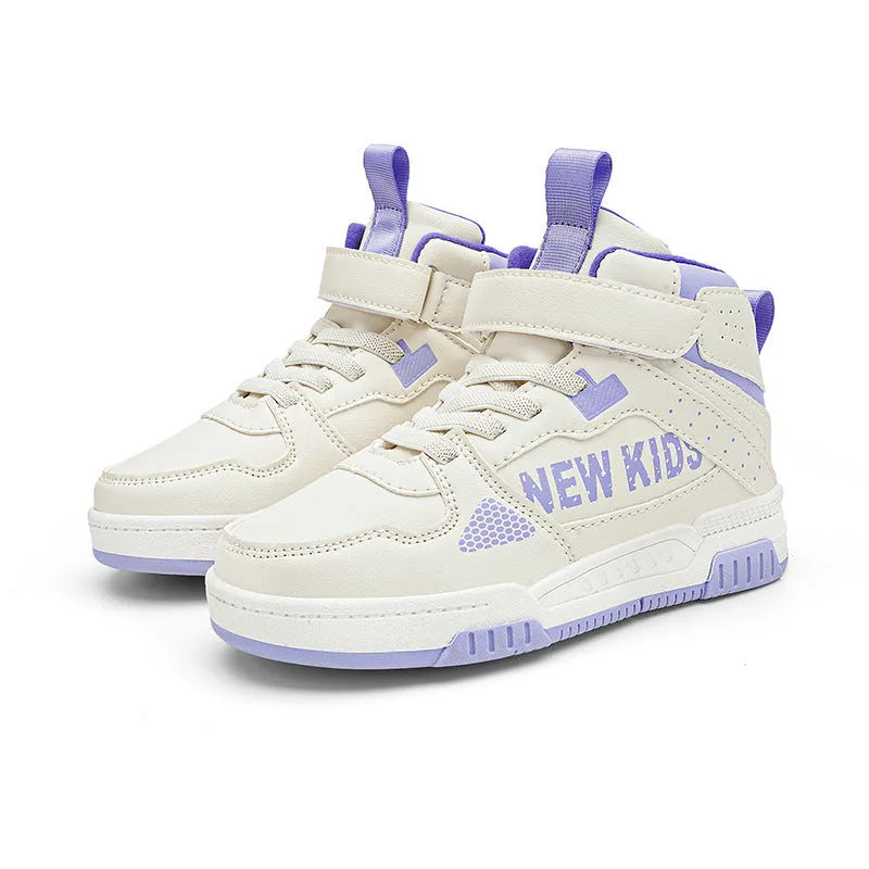 Children's beige green outdoor sneakers with a buckle closure and rubber sole.