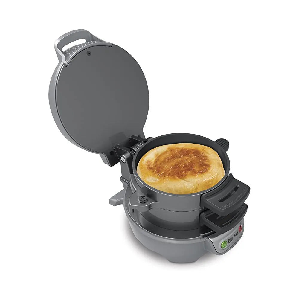 Bright red household breakfast sandwich maker with egg cooker ring and mechanical controls